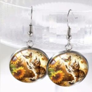 Sunflower earrings Whimsy Feminine Cat Crystal Glass pets-(#318)‎